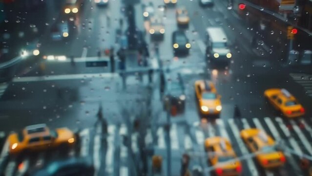 An overhead view of a busy intersection the raindrops on the camera lens creating a bokeh effect and adding a touch of whimsy to the bustling city scene.