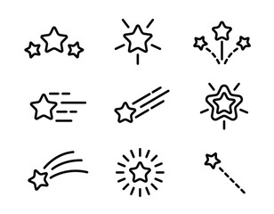 Star line icon set. Sparkle, falling and shooting stars, firework, twinkle, glow, glitter burst vector illustration. Outline flat design element.