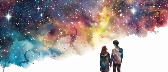 A watercolor painting of a couple, their love as palpable as the night star on white background
