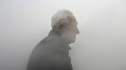 Elderly man standing alone in fog symbolizing the profound loneliness and isolation that can accompany Alzheimers disease - 777404348