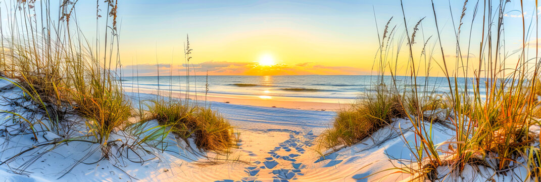 Sonnenaufgang &uuml;ber der Nordsee, Ostsee. Landschaft mit D&uuml;nnen und Gr&auml;ser.