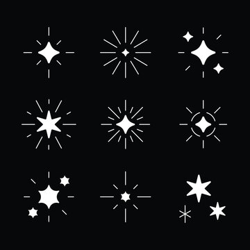 Sparkle vector silhouette set. Star icon flat design element. Bright firework decoration twinkle, flash. Glowing light effect and burst collection.