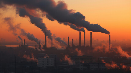 industrial smokestacks emitting dark plumes of pollution into the atmosphere - obrazy, fototapety, plakaty