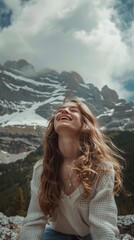  photo of a realistic cute laughing German girl with long hair, with mountains nature background, natural light, 