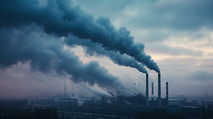 industrial smokestacks emitting dark plumes of pollution into the atmosphere - obrazy, fototapety, plakaty