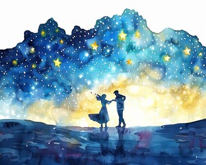 A watercolor painting of  Couple elegantly dancing under a starry, magical sky filled with sparkling lights and stars on white background