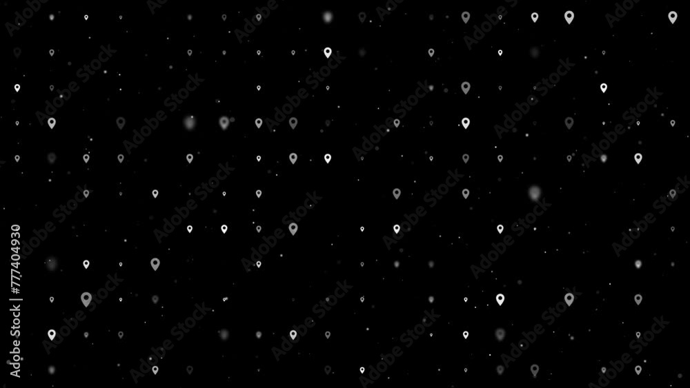 Poster template animation of evenly spaced location symbols of different sizes and opacity. animation of tr