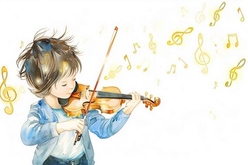 A watercolor painting of A child playing violin, with colorful notes and butterflies symbolizing the beauty and freedom of music on white background
