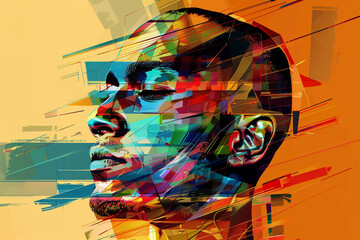 Digital illustration of a man's head in bright colors.