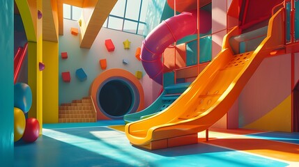 a captivating scene of a state-of-the-art indoor playground with a vibrant slide within a...