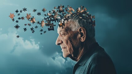 Broken puzzle pieces symbolize difficulties with logical thinking and memory that people with Alzheimers - obrazy, fototapety, plakaty