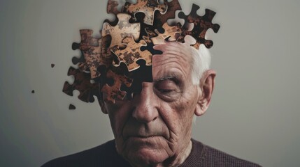 Head made of puzzle pieces symbolizing the memory loss and cognitive decline characteristic of Alzheimers disease