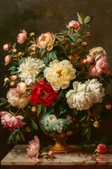 a painting of a bouquet of a peony flowers in a small vase, on a table