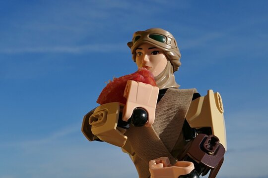 LEGO Star Wars large figure of Rey Skywalker in desert scavenger outfit, eating slice of salami, blue skies with scattered clouds in background. 