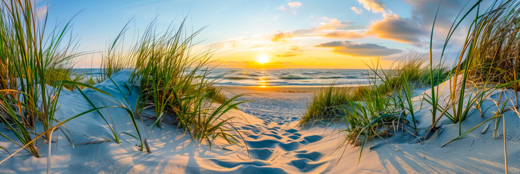 Sonnenaufgang &uuml;ber der Nordsee, Ostsee. Landschaft mit D&uuml;nnen und Gr&auml;ser.