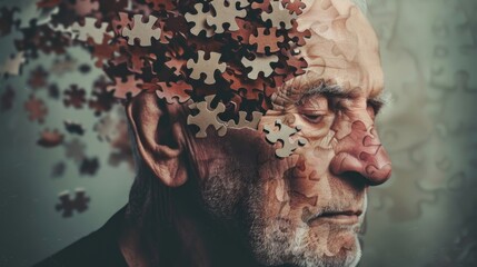 Head made of puzzle pieces symbolizing the memory loss and cognitive decline characteristic of Alzheimers disease - 777405149