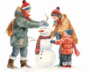 A watercolor painting of Three people building a cheerful snowman in a snowy landscape on white background