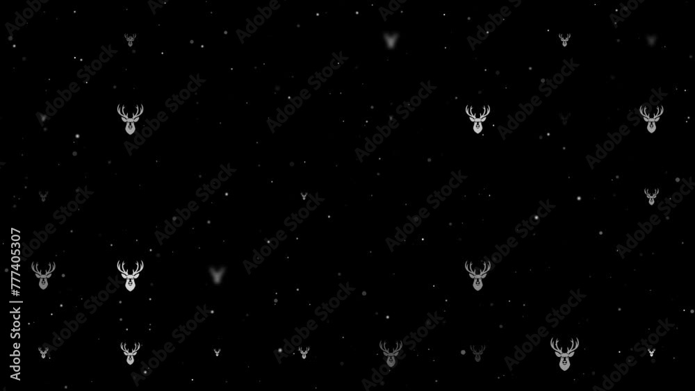 Poster template animation of evenly spaced deer head symbols of different sizes and opacity. animation of t