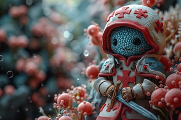 Naklejka premium A close-up of an erythrocyte character as a knight with armor, symbolizing its protective role against pathogens in the bloodstream