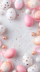 Fototapeta na wymiar Festive Easter eggs in pastels with ribbons and confetti on a white background