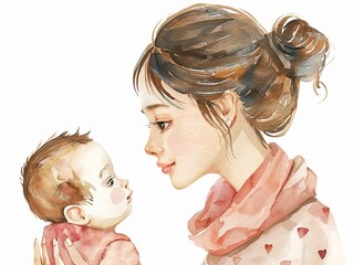 A watercolor painting of a mother s loving gaze at her newborn baby, a silent lullaby of love on white background