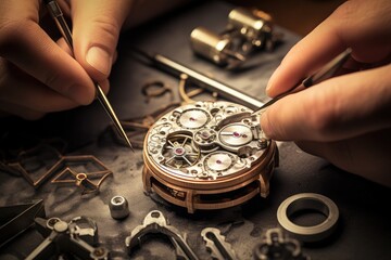 Watch  construction Meticulous construction of a Swiss watch, Close-up of delicate mechanical watch internal structure, AI generated