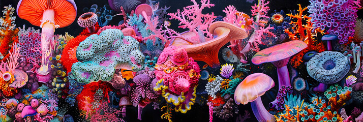 Eine Collage aus unter Wasser Welt, Pilzen und Organismen Elementen.