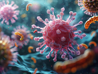 A detailed close-up of a white blood cell engaging in combat with a virus, showcasing the fierce battle at the cellular level