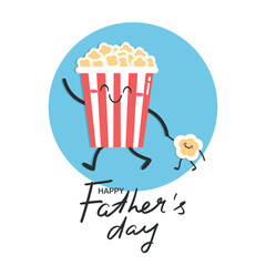 Fathers Day greeting card with a cute popcorn character leads the child by the hand. Dad and kid together. Vector illustration