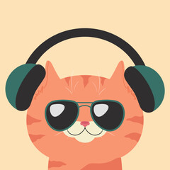 Red tabby cat in headphones wearing sunglasses. Ginger cat listening to music. Cute cartoon character. Vector illustration