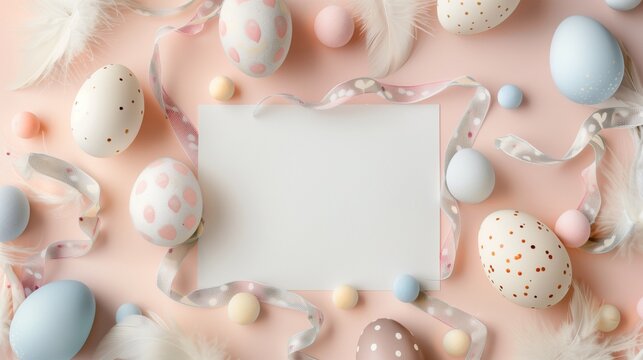 Pastel Easter eggs with a blank card, feathers, and ribbons on pink