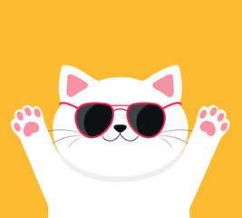 Fototapeta premium White cat wearing sunglasses. Cool stylish cat on yellow background. Cute cartoon character. Vector illustration