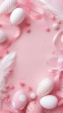 Easter themed vertical image with decorated eggs and pink ribbons on pink backdrop