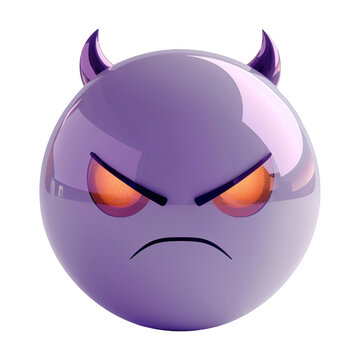 A purple devil with red eyes and a frowning mouth