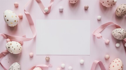 Easter eggs and pink ribbons around a blank white card on a pastel background