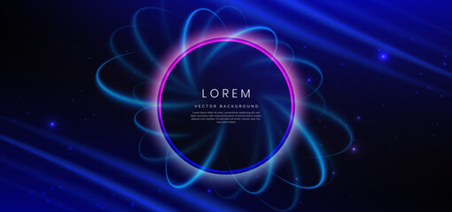 Abstract circle glowing blue and pink light ray with lighting effect on dark blue background.