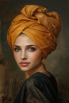 Muslum woman, beautiful girl, looking camera, in Italy, woman full turban no hair, classic art, oil paintings,
