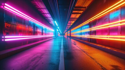 Illustration Neon glowing tunnel with colorful light lines.Ai generated