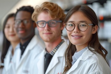 A group of people, wearing lab coats and glasses, are smiling for a picture. They have various facial expressions and are making gestures with their hands - obrazy, fototapety, plakaty