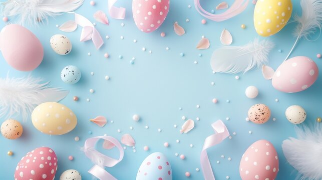 Easter celebration concept with pastel colored eggs and decorative elements