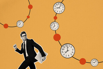 Composite photo collage of young businessman run meeting be late schedule time rush laptop freelance isolated on painted background