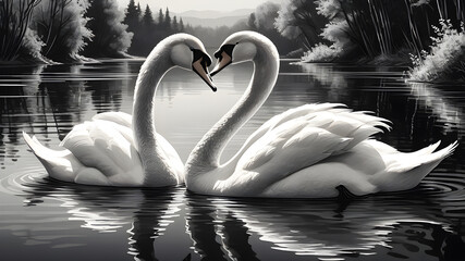 A pair of white swans in love on the lake and reflection on the water	