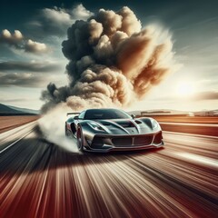 Speeding sports car kicks up dust of highway 

