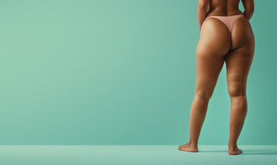 black poc woman's big butt wearing thong back view isolated on plain blue color studio background with copy text space