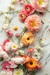 Realistic photo of colorful fresh flowers on a pastel marble backgound