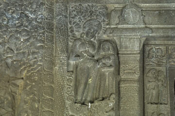 Ajanta caves, a UNESCO World Heritage Site in Maharashtra, India. Cave nÂ°5 reliefs