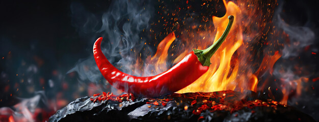 Fiery Red Chili Pepper in Dramatic Blaze. A vibrant vegetable in a fire, with sparks and smoke...