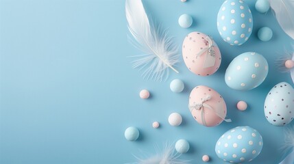 Pastel-colored Easter eggs and white feathers on a blue background