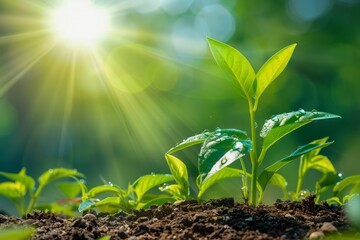 Young Green Plants Sprouting in Soil with Sunlight Flares in Fresh Nature Setting, Symbolizing New Life and Environmental Growth