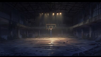 an AI-generated artwork depicting an abandoned basketball arena at night, illuminated only by the scattered flashlights, showcasing the eerie emptiness and silence attractive look